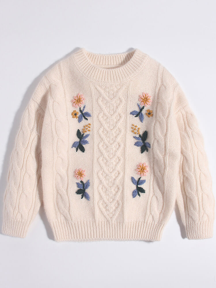 Kids Ivory Floral Embroidered Cable Knit Cashmere Sweater